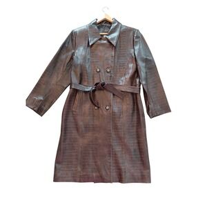 R2R‎ Brown Genuine Leather Belted Trench Coat Double Breasted Size Large Vintage